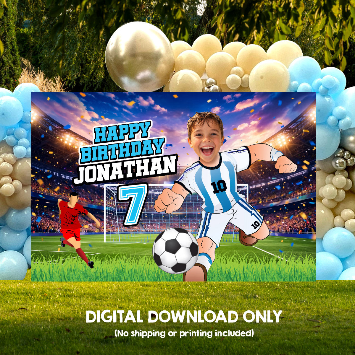 Soccer Birthday Backdrop with kid as Messi, Custom Futbol Argentina party banner decoration. 2456BB