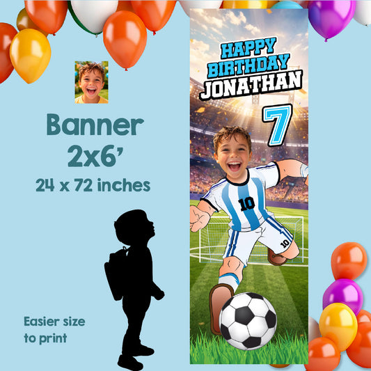 Soccer Argentina vertical birthday banner with kid as Messi (2x6', Portrait, Rollup). 2456BBV
