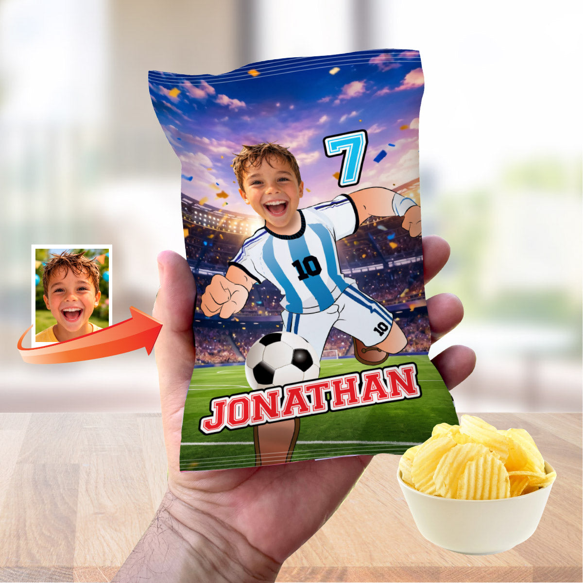 Matching snacks labels Bundle for an Argentina Soccer birthday themed personalized with photo. 2456B3