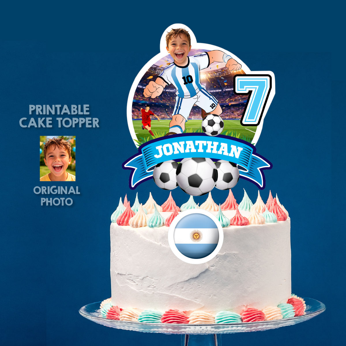 Printable Argentina Soccer Cake topper with your kid as Messi. 2456CT1