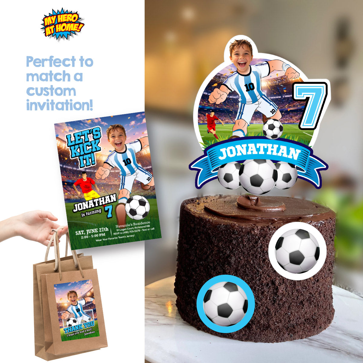 Printable Argentina Soccer Cake topper with your kid as Messi. 2456CT1
