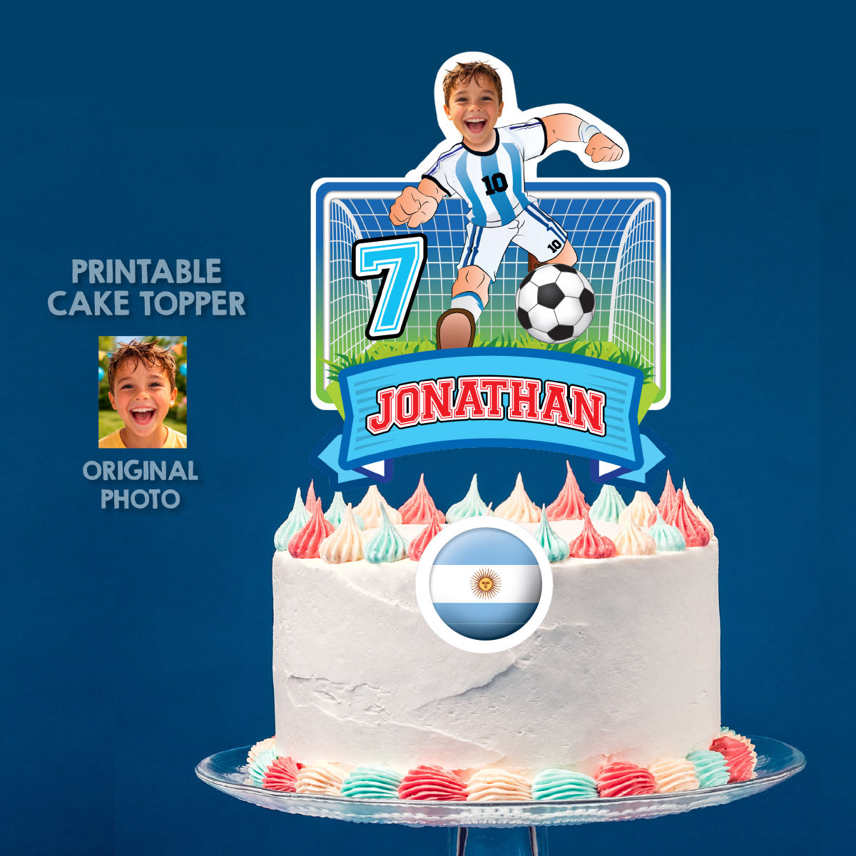 Messi Cake topper featuring birthday boy in Argentina Team uniform. 2456CT2