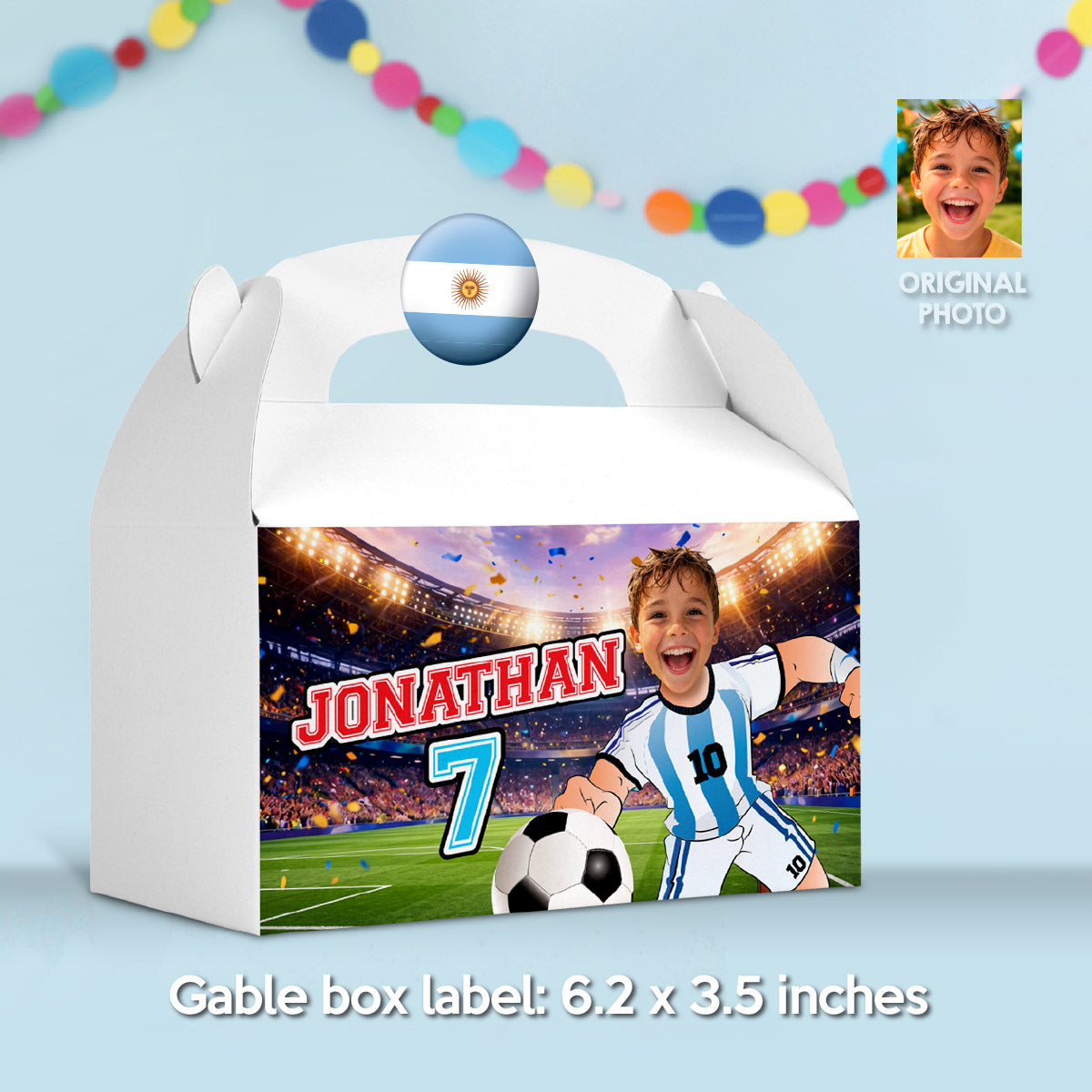 Matching snacks labels Bundle for an Argentina Soccer birthday themed personalized with photo. 2456B3