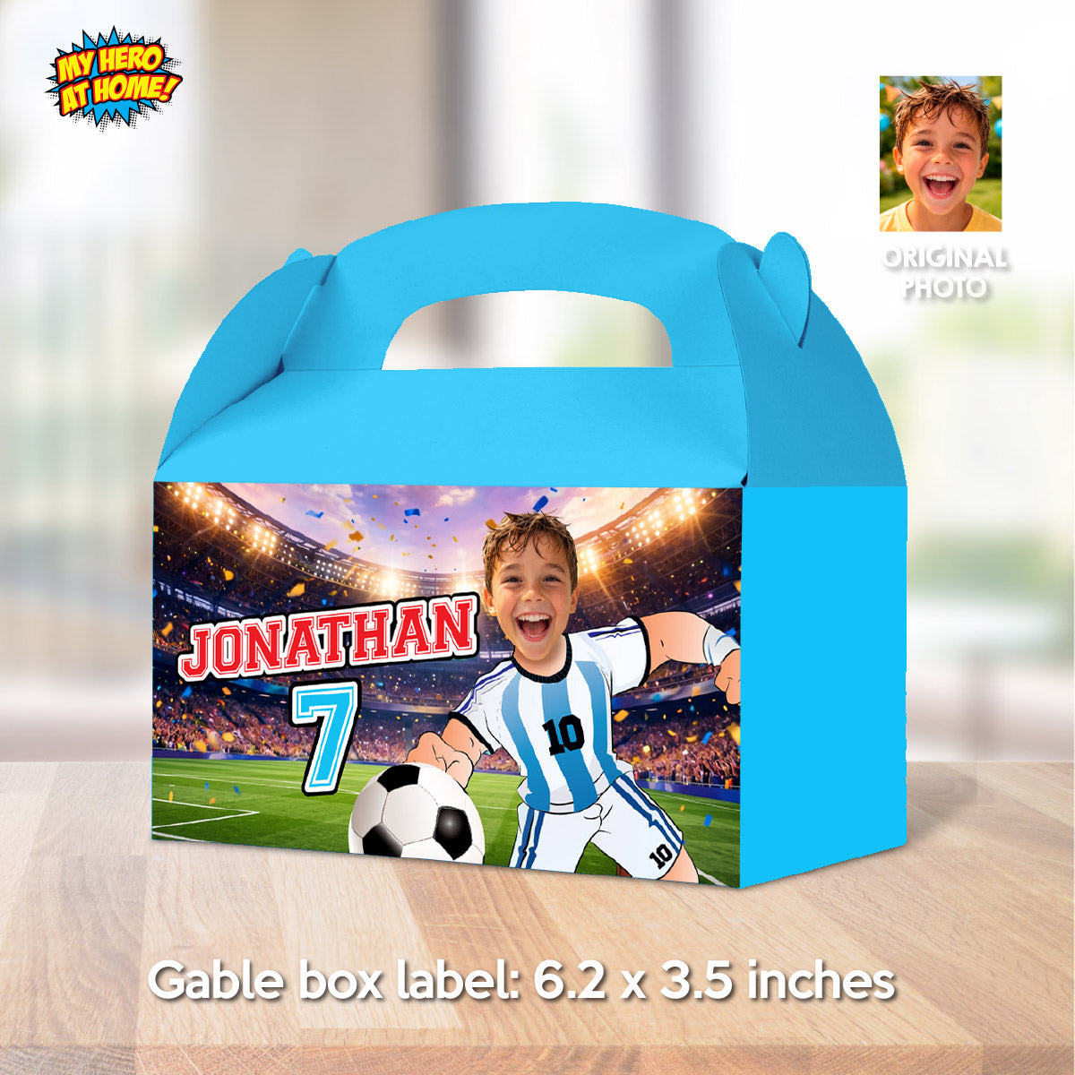 Messi Gable Box Party favors, Futbol Argentina candy Box label with kid as Messi. 2456GB