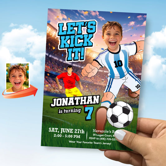 Argentina Soccer birthday template with kid as the star player, Messi party invitation. 2456IN1