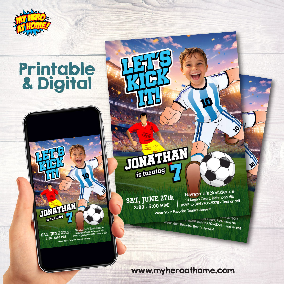 Argentina Soccer birthday template with kid as the star player, Messi party invitation. 2456IN1