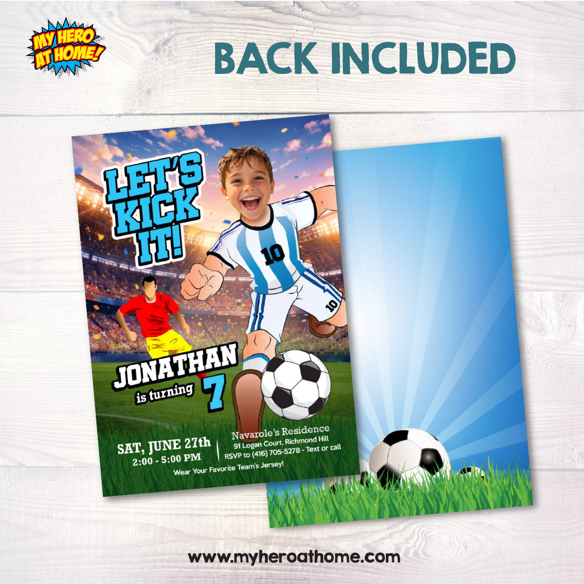 Argentina Soccer birthday template with kid as the star player, Messi party invitation. 2456IN1