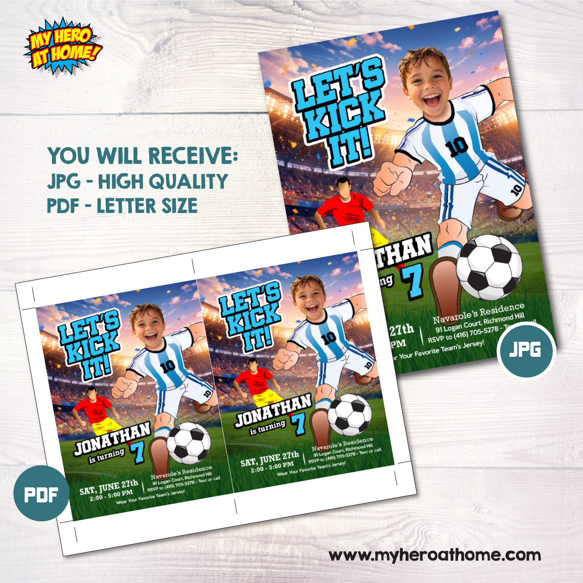Argentina Soccer birthday template with kid as the star player, Messi party invitation. 2456IN1