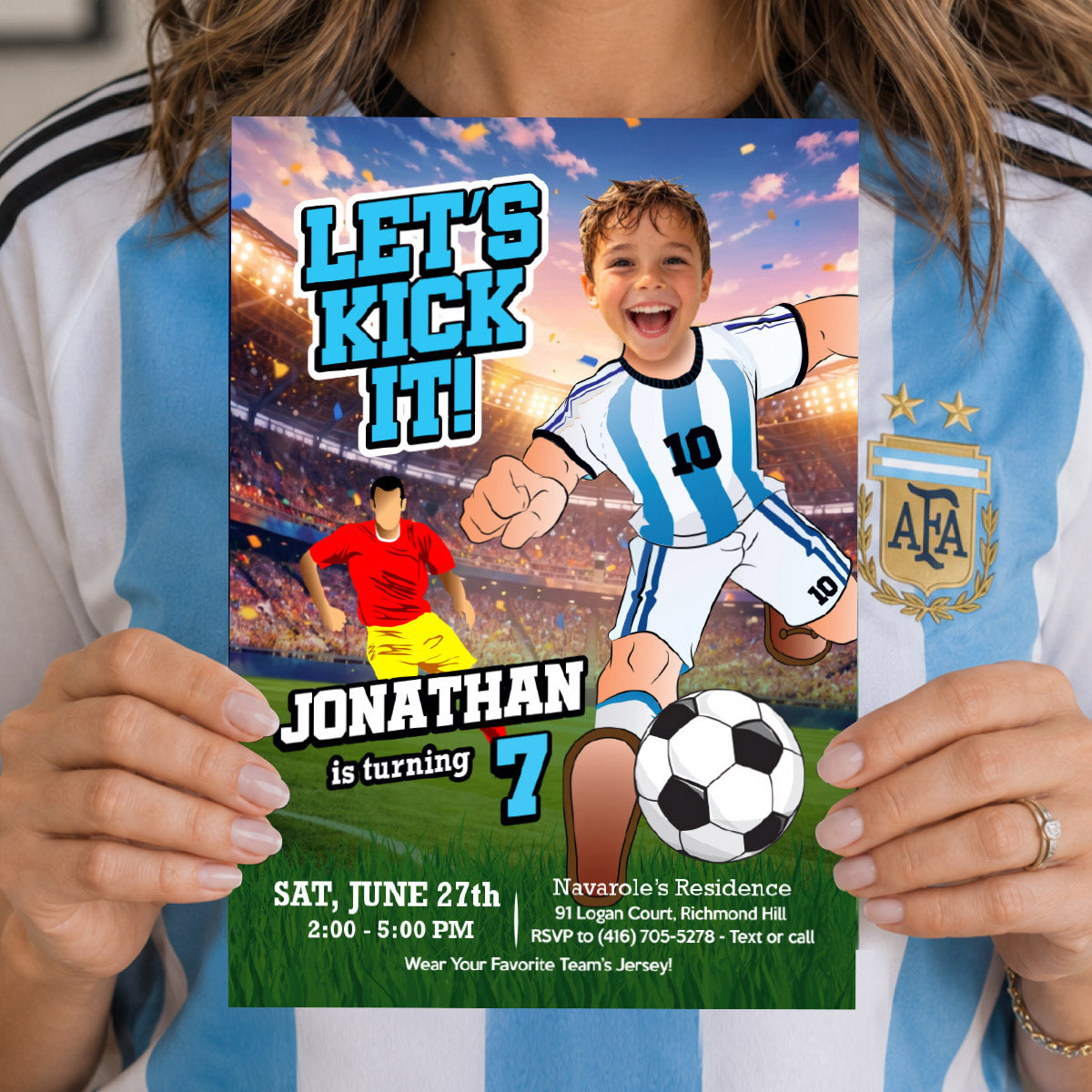 Argentina Soccer birthday template with kid as the star player, Messi party invitation. 2456IN1