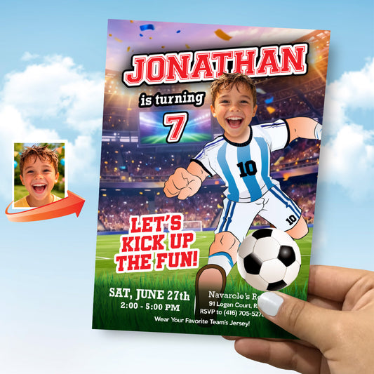 Argentina Soccer birthday Invitation with kid as the star player, Messi party template. 2456IN2