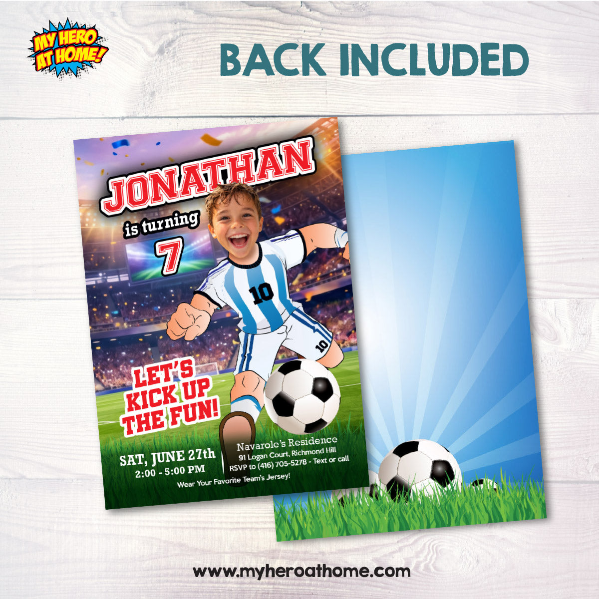 Argentina Soccer birthday Invitation with kid as the star player, Messi party template. 2456IN2