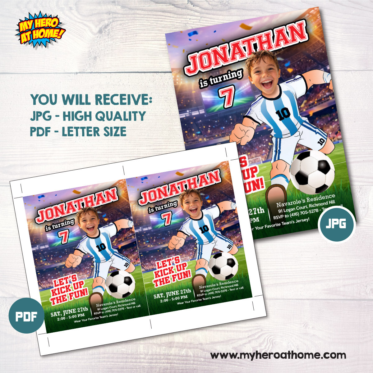 Argentina Soccer birthday Invitation with kid as the star player, Messi party template. 2456IN2
