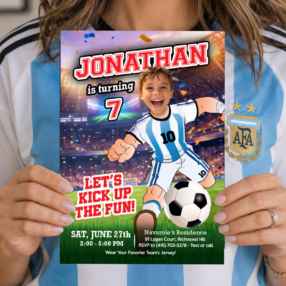 Argentina Soccer birthday Invitation with kid as the star player, Messi party template. 2456IN2