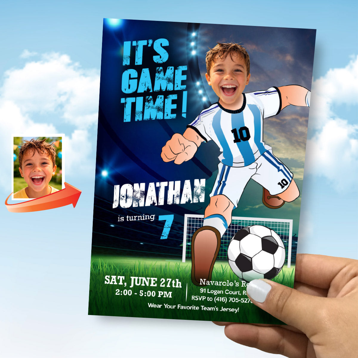 It's Game Time Argentina Soccer Party Invitation with child as Messi. 2456IN3