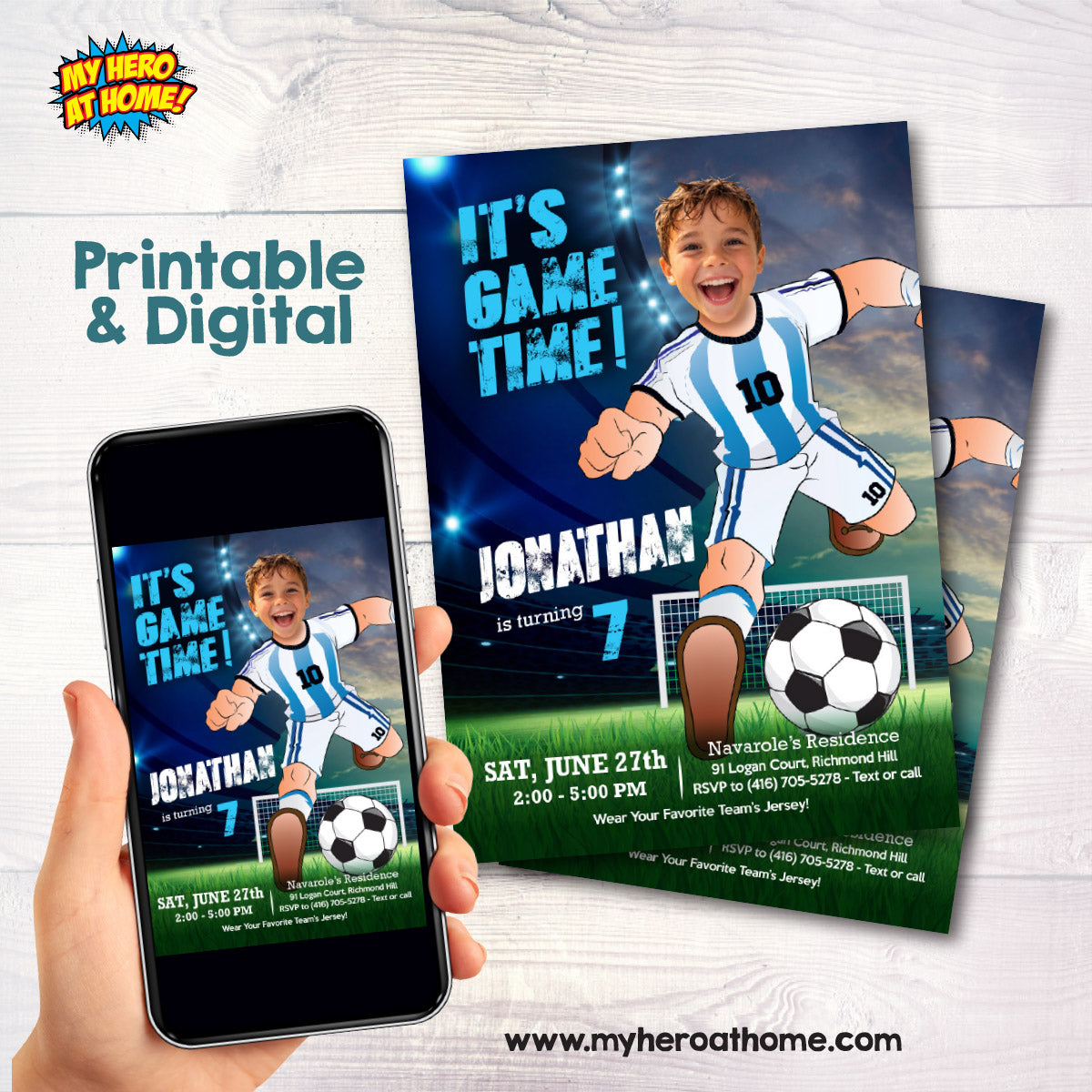 It's Game Time Argentina Soccer Party Invitation with child as Messi. 2456IN3