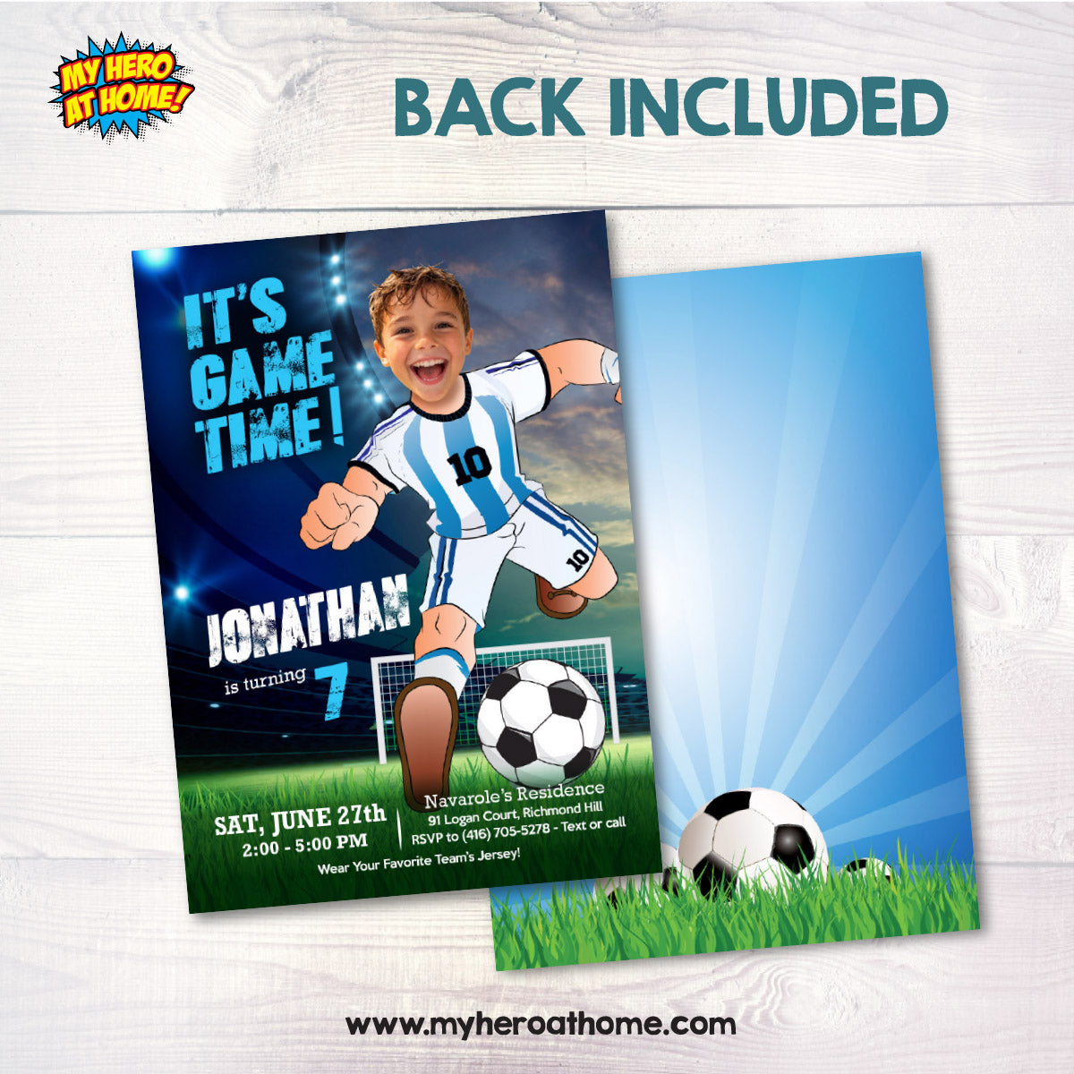 It's Game Time Argentina Soccer Party Invitation with child as Messi. 2456IN3