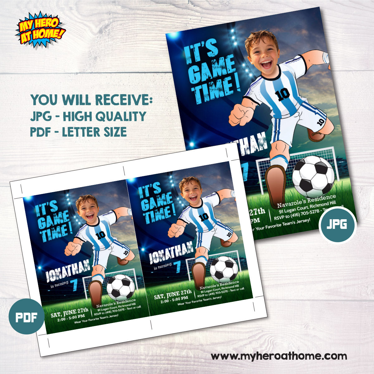 It's Game Time Argentina Soccer Party Invitation with child as Messi. 2456IN3