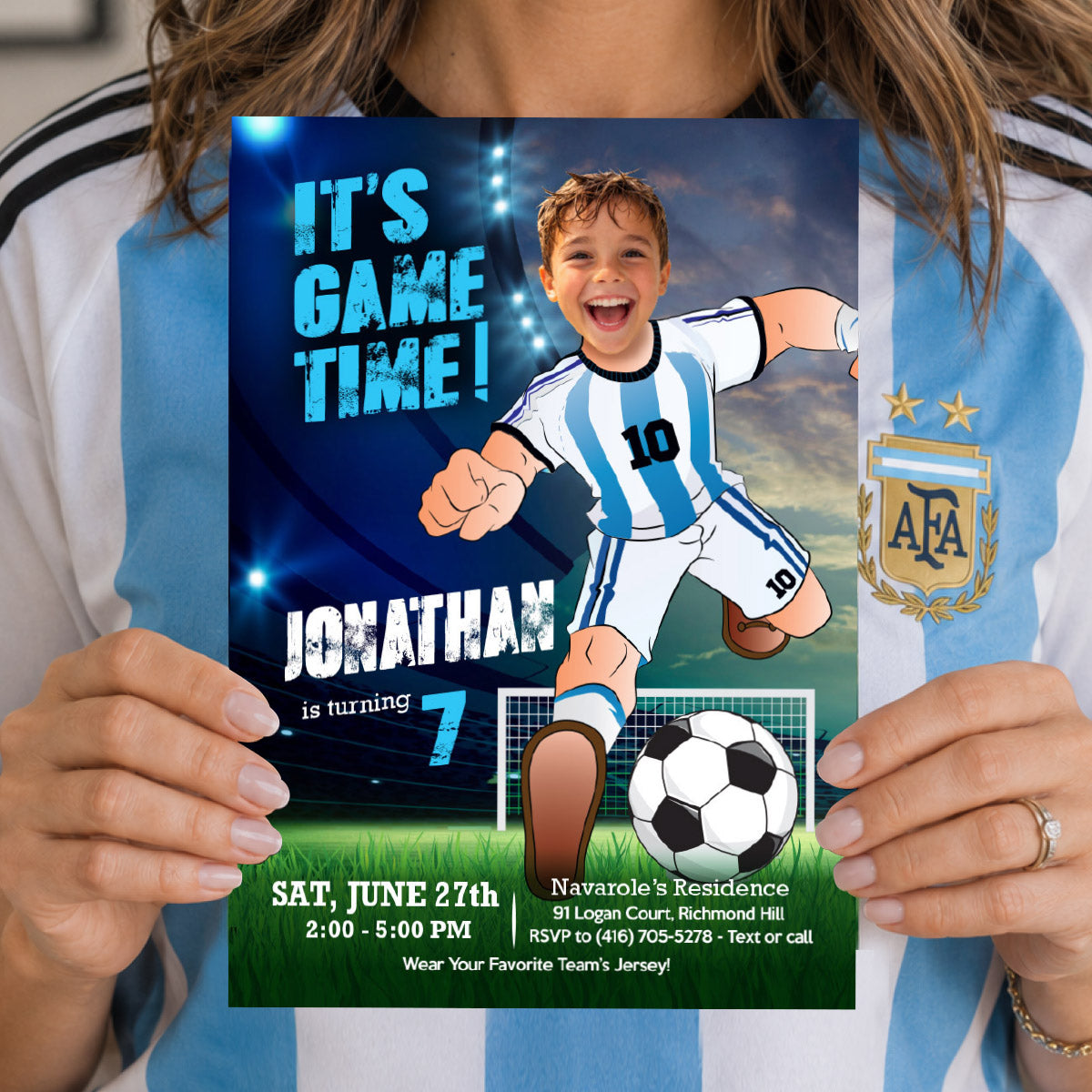 It's Game Time Argentina Soccer Party Invitation with child as Messi. 2456IN3