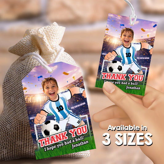 Argentina Soccer thank you and favors tags with birthday kid as Messi. 2456TY2