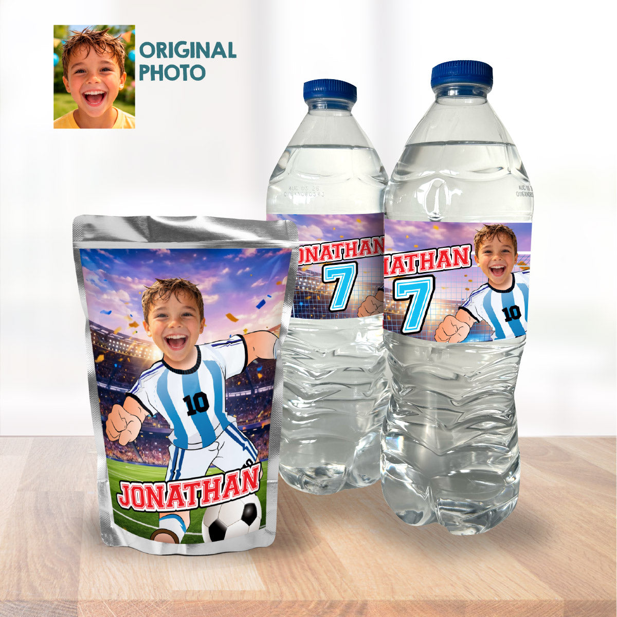 Matching Birthday Items For A Messi Soccer Table Party, Cake, Drinks, Chips, Favors. 2456B1