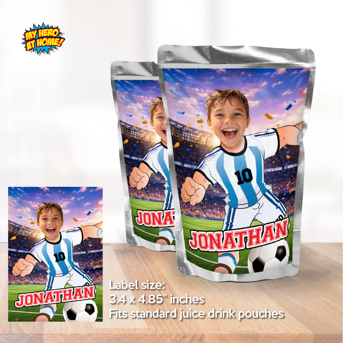 Futbol Argentina water wrappers with your photo, Soccer Argentina Messi Juice Pouch labels. 2456WJ