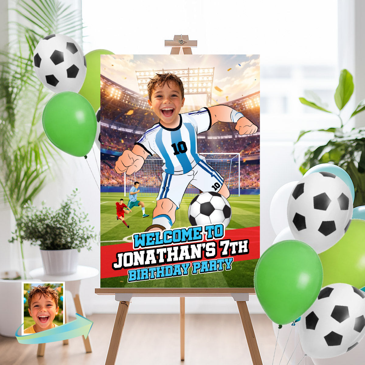 Soccer Argentina Welcome Sign with kid as Messi, Futbol Party Entrance Sign. 2456WS1