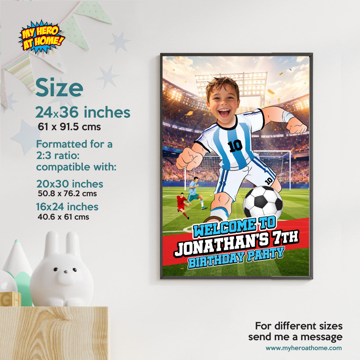 Soccer Argentina Welcome Sign with kid as Messi, Futbol Party Entrance Sign. 2456WS1
