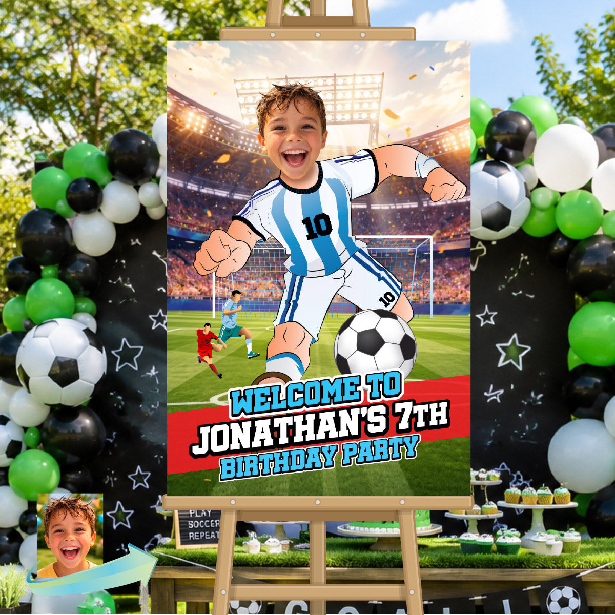 Soccer Argentina Welcome Sign with kid as Messi, Futbol Party Entrance Sign. 2456WS1