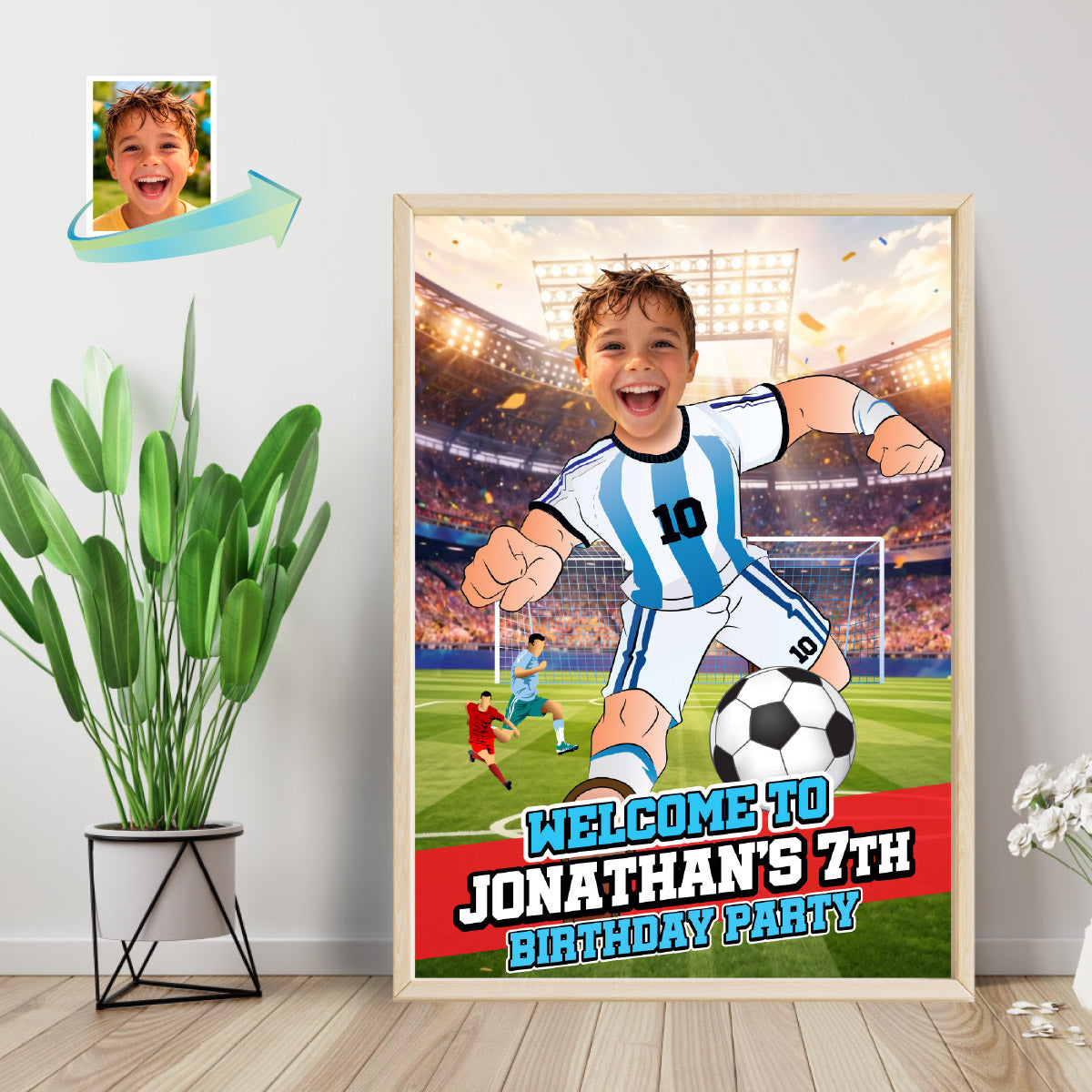 Soccer Argentina Welcome Sign with kid as Messi, Futbol Party Entrance Sign. 2456WS1