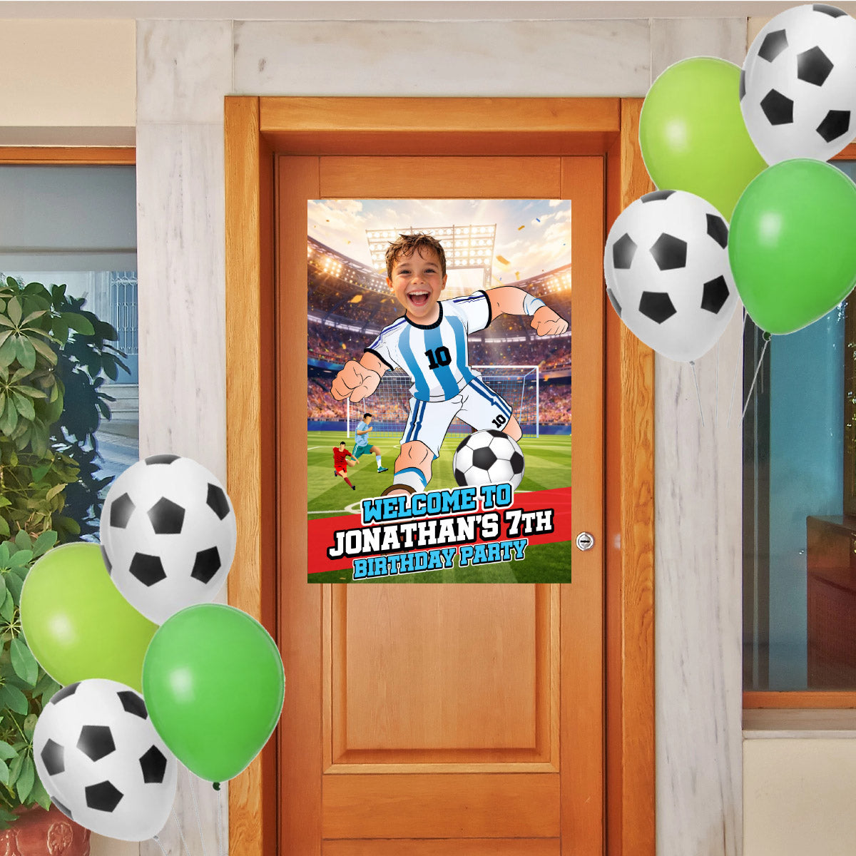 Soccer Argentina Welcome Sign with kid as Messi, Futbol Party Entrance Sign. 2456WS1