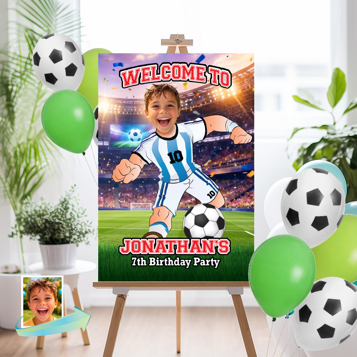 Futbol Argentina Welcome Sign with child as Messi, Soccer Birthday Entrance Sign. 2456WS2
