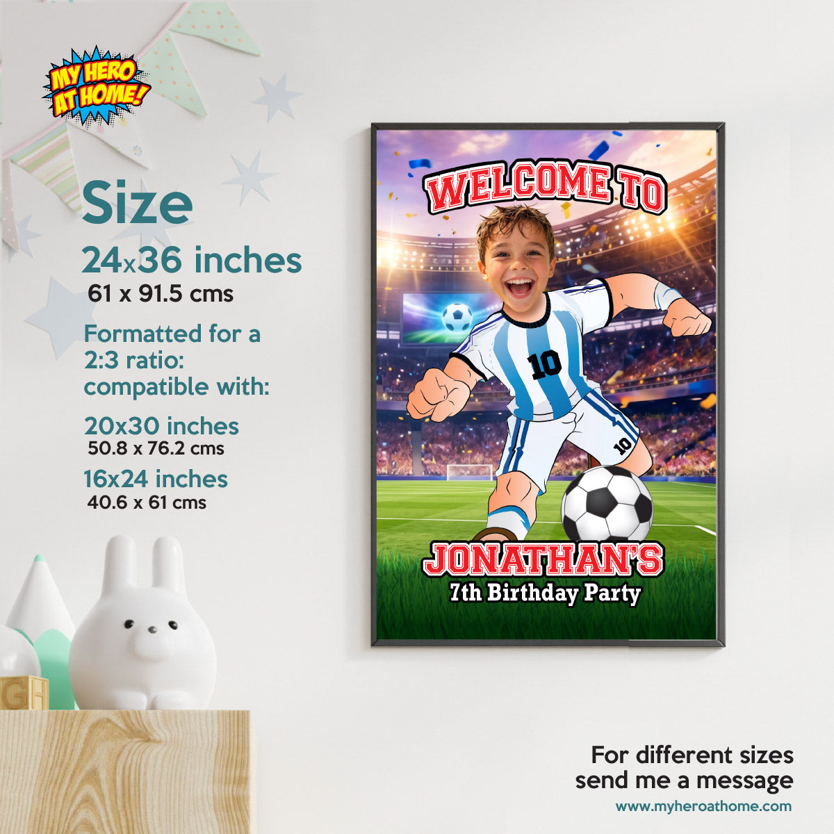Futbol Argentina Welcome Sign with child as Messi, Soccer Birthday Entrance Sign. 2456WS2