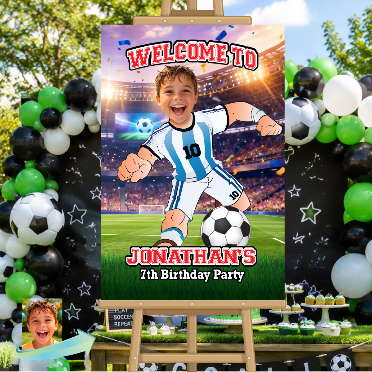 Futbol Argentina Welcome Sign with child as Messi, Soccer Birthday Entrance Sign. 2456WS2