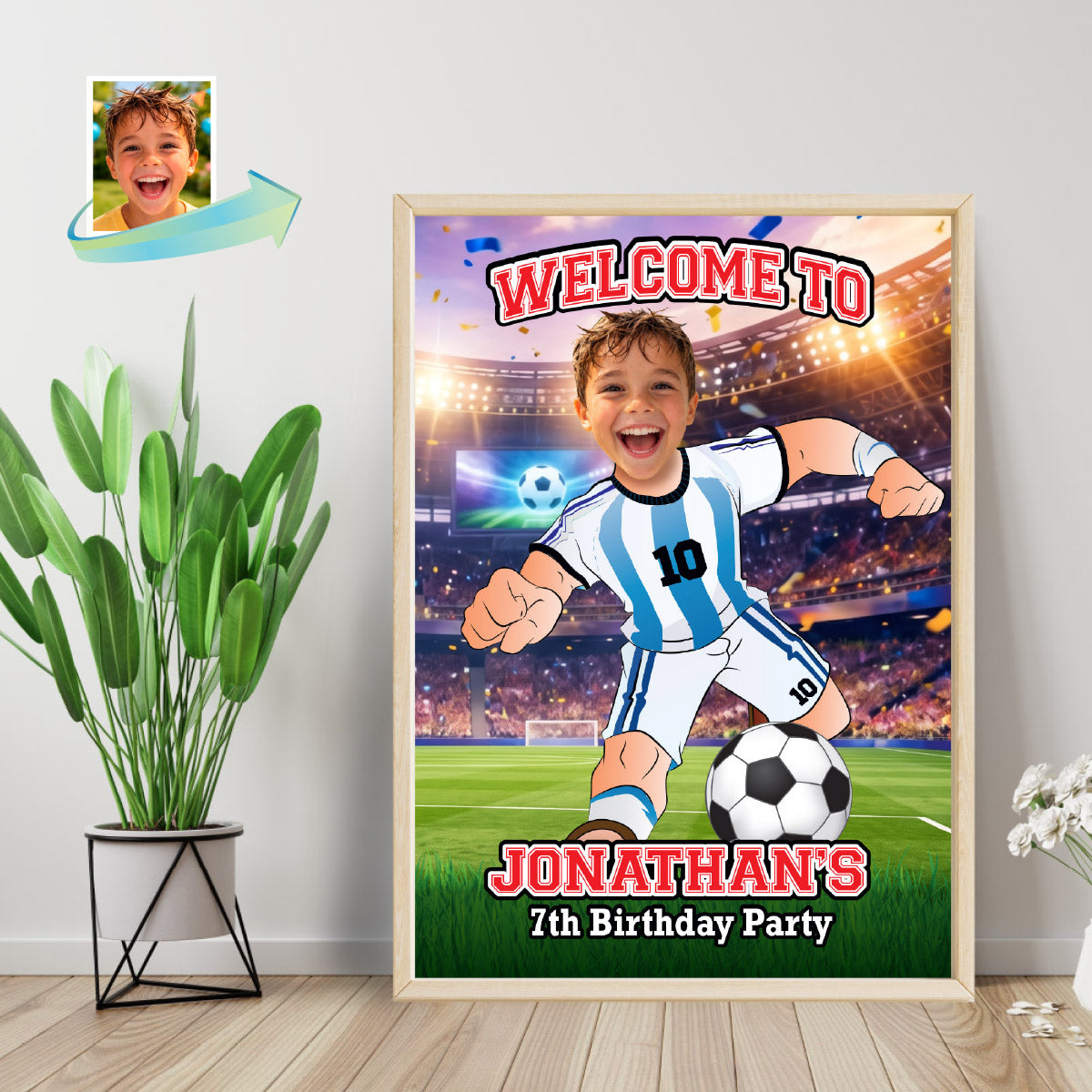 Futbol Argentina Welcome Sign with child as Messi, Soccer Birthday Entrance Sign. 2456WS2