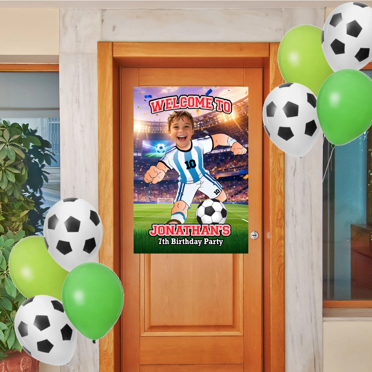 Futbol Argentina Welcome Sign with child as Messi, Soccer Birthday Entrance Sign. 2456WS2