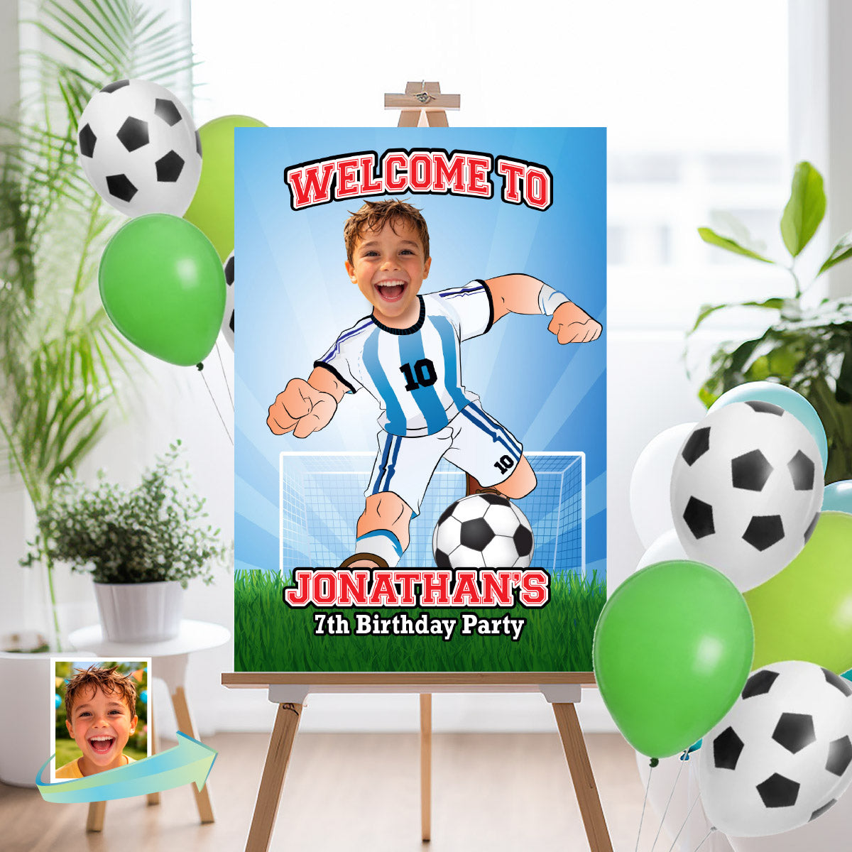Welcome to my Soccer Birthday Party Sign with child as Messi. 2456WS3