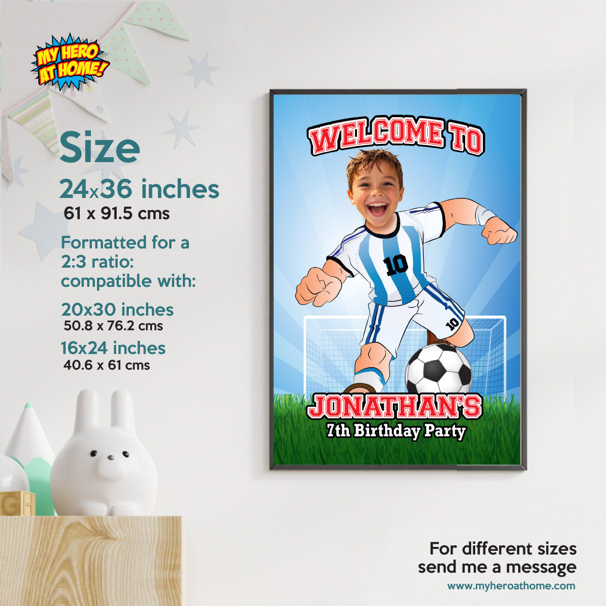 Welcome to my Soccer Birthday Party Sign with child as Messi. 2456WS3