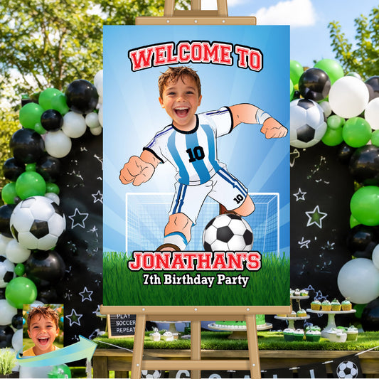 Welcome to my Soccer Birthday Party Sign with child as Messi. 2456WS3