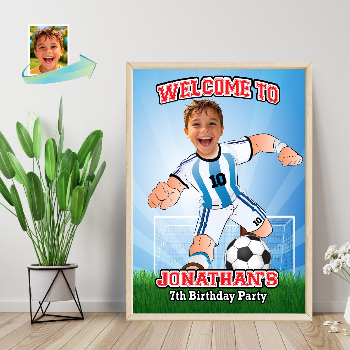 Welcome to my Soccer Birthday Party Sign with child as Messi. 2456WS3
