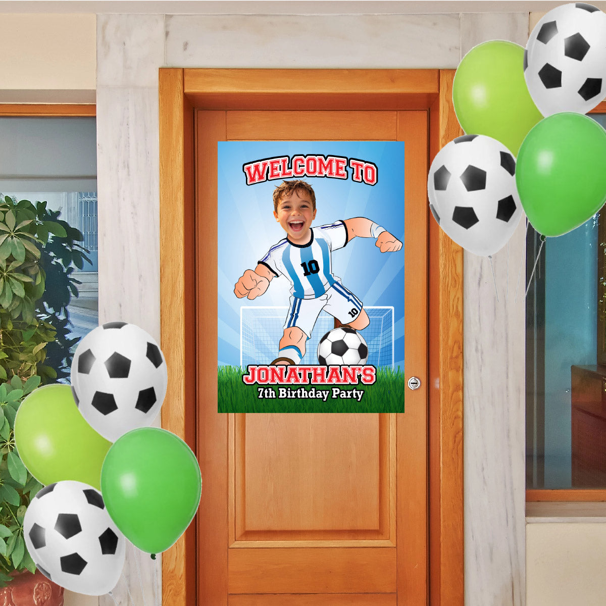 Welcome to my Soccer Birthday Party Sign with child as Messi. 2456WS3