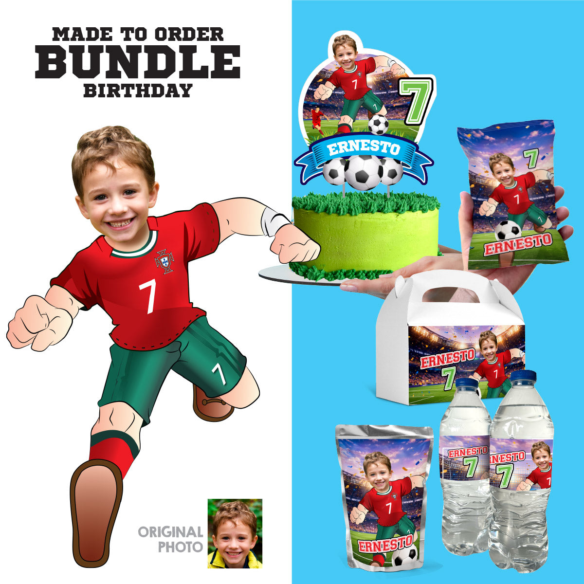 Matching Birthday Items for a Ronaldo Soccer Table Party, Cake, Drinks, Chips, Favors. 2457B1