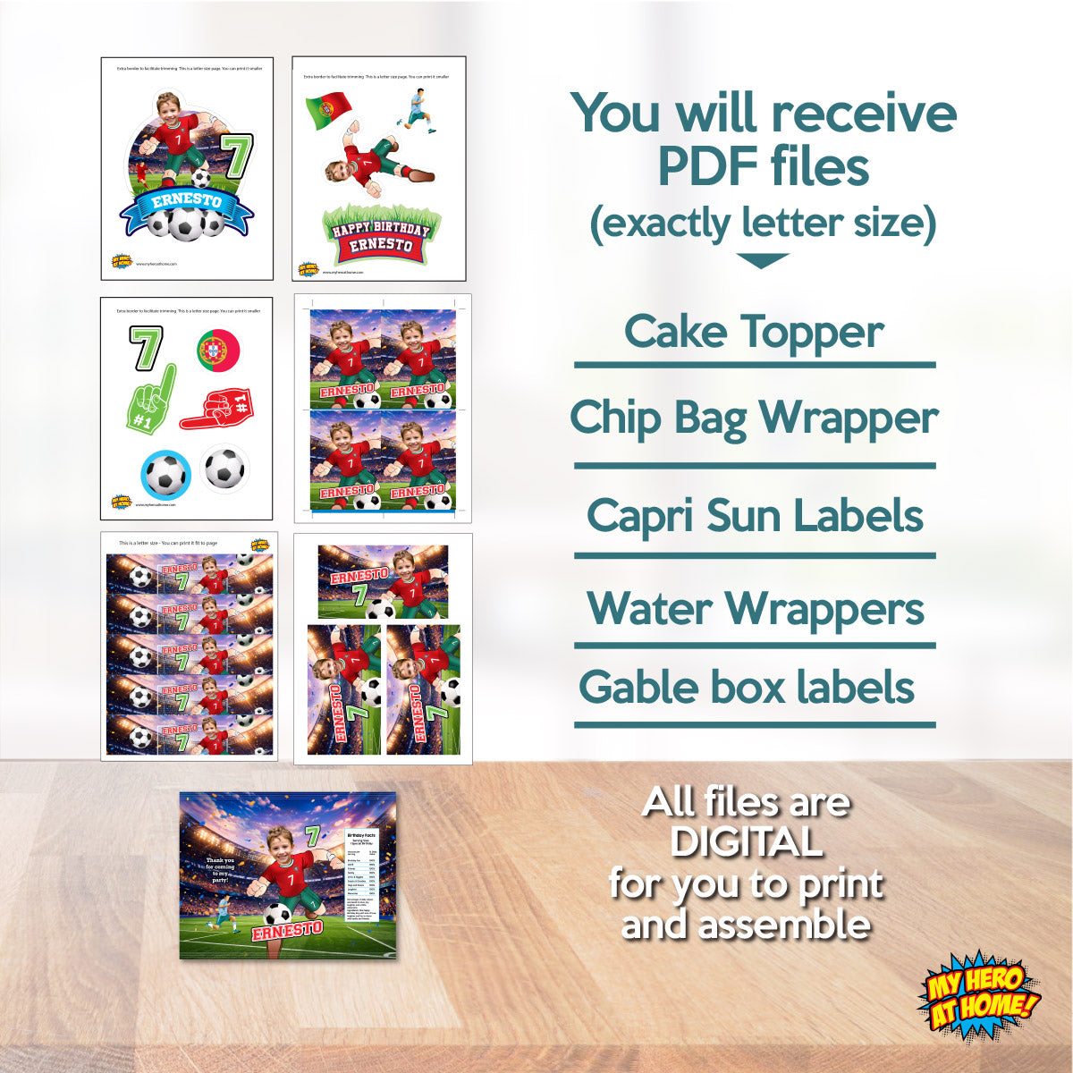Matching Birthday Items for a Ronaldo Soccer Table Party, Cake, Drinks, Chips, Favors. 2457B1