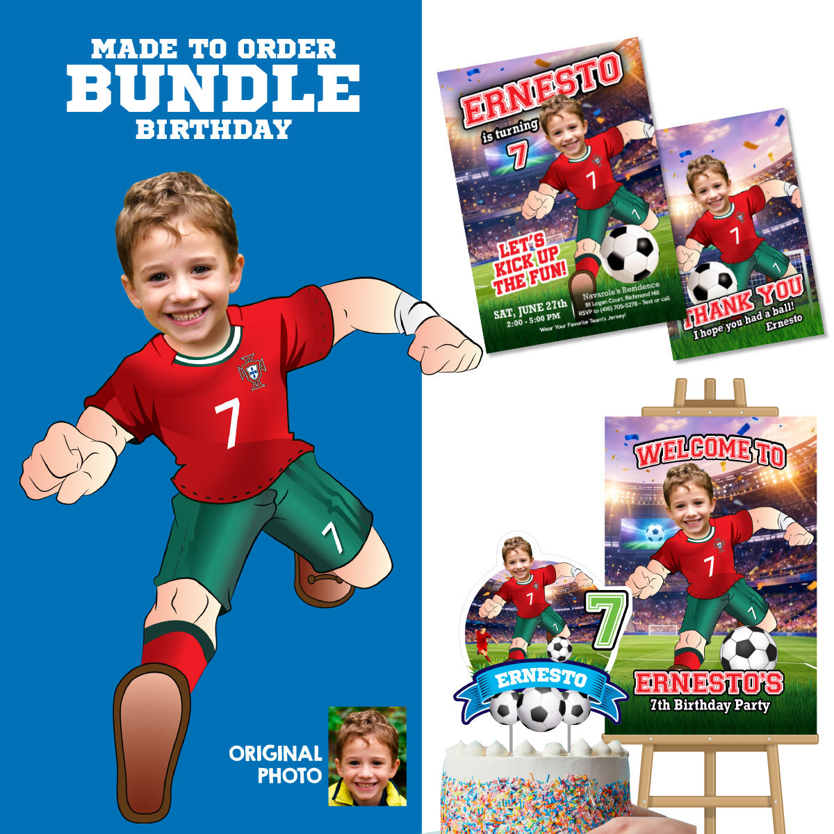 Personalized bundle for an Portugal soccer themed birthday Party with kid as Ronaldo. 2457B2