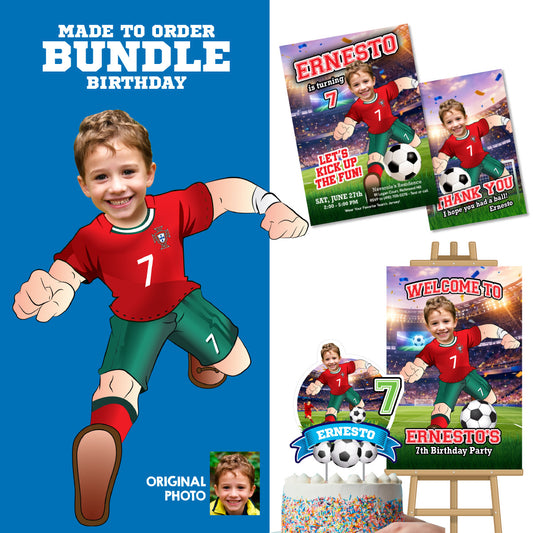 Personalized bundle for an Portugal soccer themed birthday Party with kid as Ronaldo. 2457B2