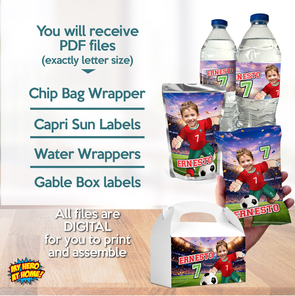 Matching snacks labels Bundle for a Portugal Soccer Ronaldo birthday with photo. 2457B3
