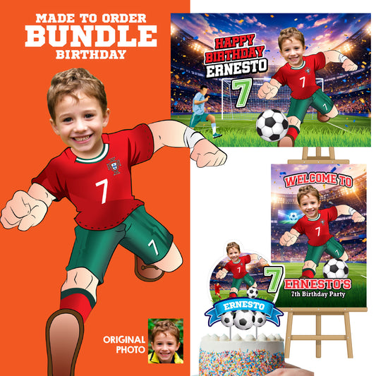 Custom Portugal Soccer party Bundle with photo, Ronaldo backdrop, cake, welcome. 2457B4
