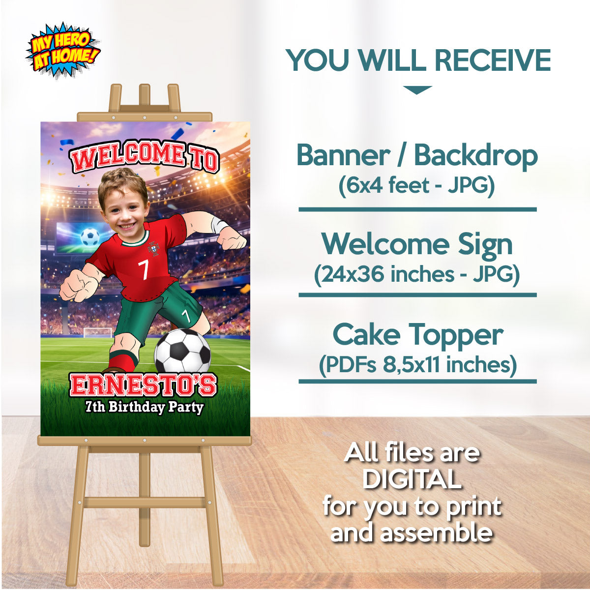 Custom Portugal Soccer party Bundle with photo, Ronaldo backdrop, cake, welcome. 2457B4