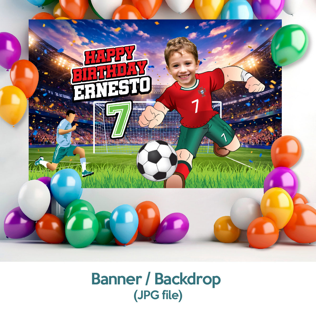 Custom Portugal Soccer party Bundle with photo, Ronaldo backdrop, cake, welcome. 2457B4
