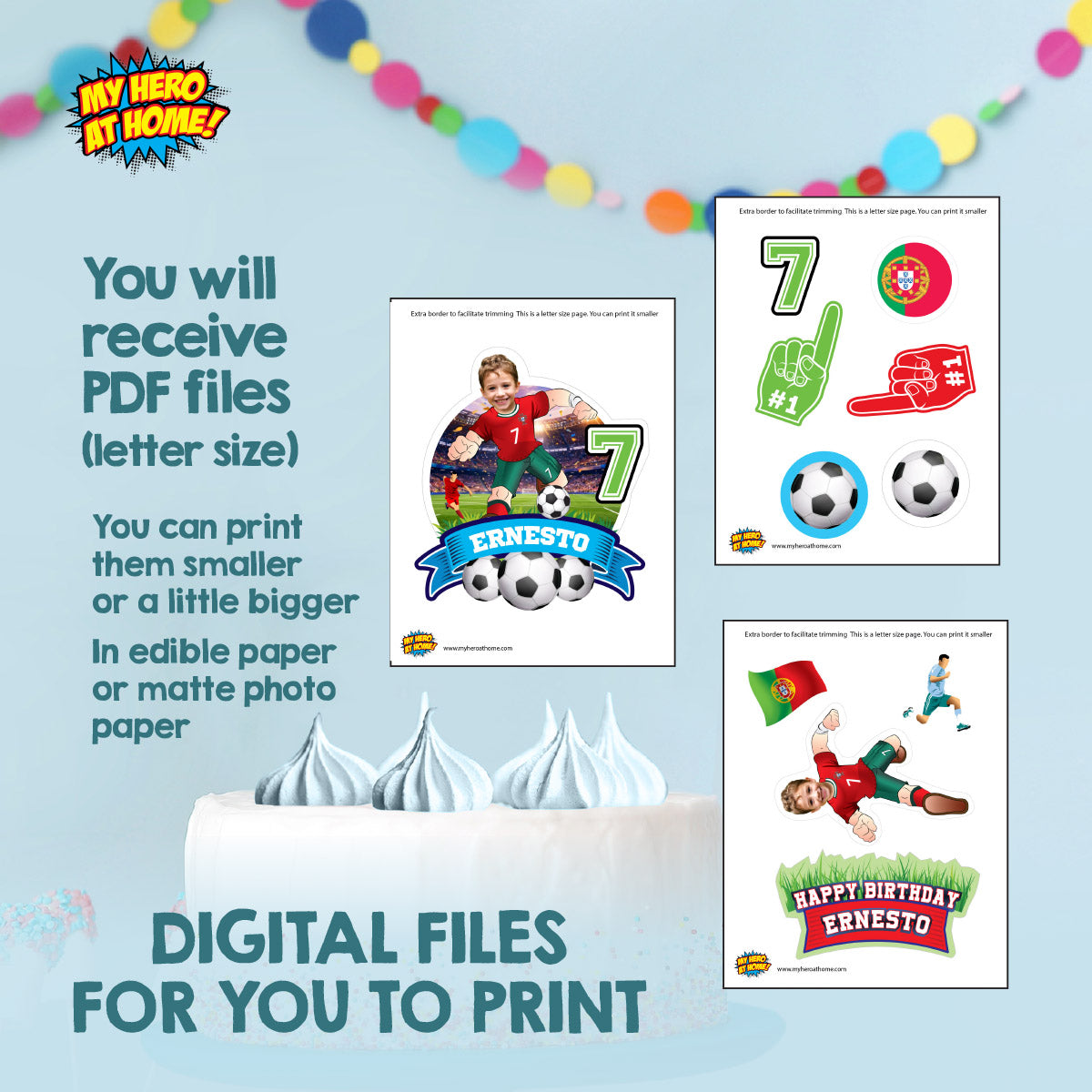 Custom Portugal Soccer party Bundle with photo, Ronaldo backdrop, cake, welcome. 2457B4