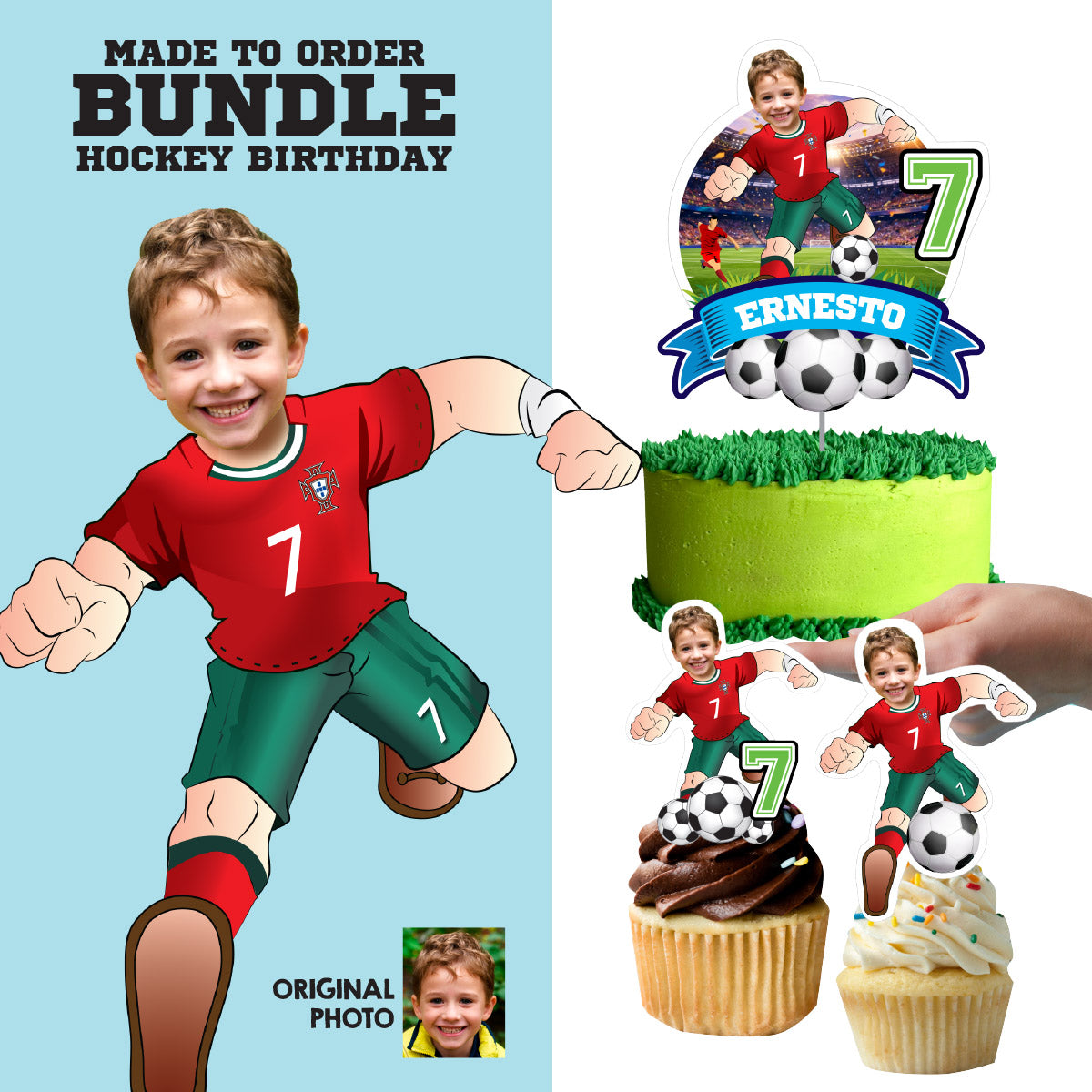 Portugal Soccer Matching Cake and Cupcake Toppers with birthday kid as Ronaldo. 2457B5